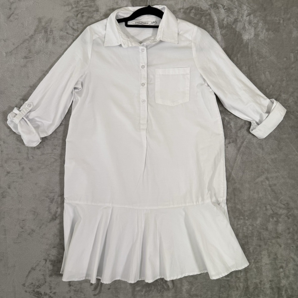 White Shirt Dress Womens S Button Front Collared Poplin Peplum Hem Emily Daniels